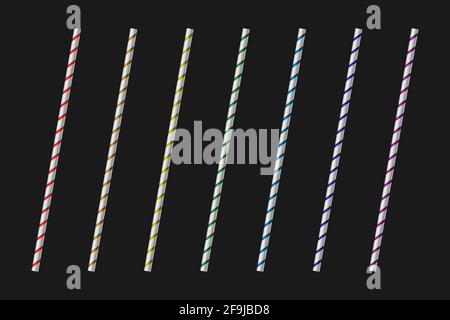 Vektor realistische bunte Trinkhalme für Getränke oder Alkohol auf schwarzem Hintergrund. Set aus weiß, rot, orange, gelb, blau, Grünes, violettes Trinken Stock Vektor