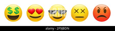 Set von Vektor-gelb reich, tot, wütend, Schläger Leben Emoticon und Emoticon in der Liebe mit Herzaugen auf weißem Hintergrund. Glänzende lustige Cartoon Emoji-Symbol c Stock Vektor
