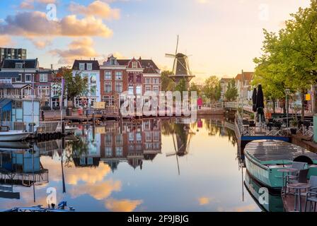 Leiden Altstadtbild, Blick auf den Beestenmarkt und die De Valk Mühle, die sich bei Sonnenaufgang im Rhein spiegelt, Südholland, Niederlande Stockfoto