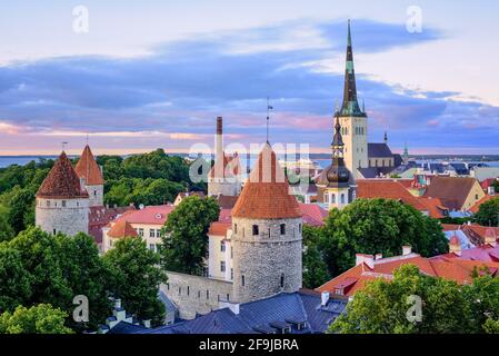 Türme und rote Ziegeldächer der Altstadt von Tallinn bei Sonnenuntergang in Estland Stockfoto