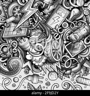 Cartoon niedlichen Kritzeleien Elektro-Fahrzeug Frame-Karte. Monochrom detailliert, mit vielen Objekten Hintergrund. Alle Objekte getrennt. Grenze mit Öko-Autos sym Stock Vektor