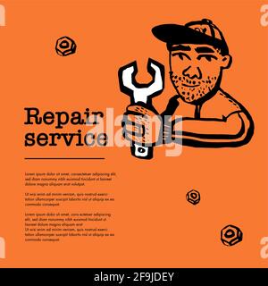 Reparaturservicekonzept. Webbanner mit männlichem Charakter und Schraubenschlüssel. Vektorgrafik im Doodle-Stil Stock Vektor