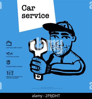 Car Service-Konzept. Webbanner mit Szene zeigt Arbeiter in der Kfz-Service, Reifen-Service, Auto-Reparatur, etc. Doodle Tinte Stil Vektor-Illustration Stock Vektor