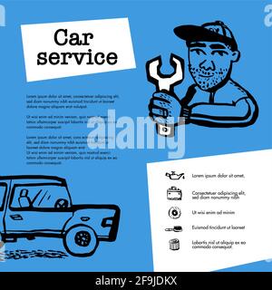 Car Service-Konzept. Webbanner mit Szene zeigt Arbeiter in der Kfz-Service, Reifen-Service, Auto-Reparatur, etc. Doodle Tinte Stil Vektor-Illustration Stock Vektor