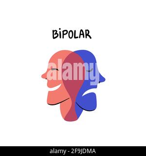 Psychologie. Bipolar. Lächelnde und traurige Köpfe verschmelzen in einer Person, die an bipolarer Störung leidet. Flache Vektorgrafik im Doodle-Stil Stock Vektor