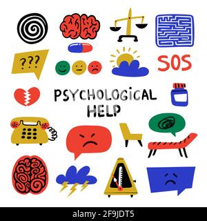 Psychologie. Psychologische Hilfe. Set von handgezeichneten Symbolen zum Thema Psychologie. Vektorsymbole oder Logos für Psychologie, Gehirn und psychische Gesundheit. Stock Vektor