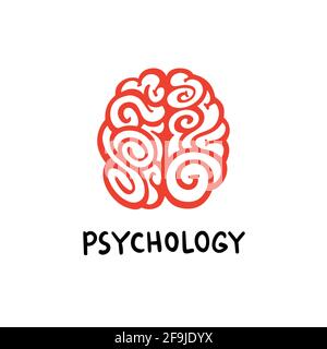 Psychologie. BRAIN-Logo. Rote dekorative Gehirndarstellung in der Draufsicht auf weißem Hintergrund. Flache Vektorgrafik im Doodle-Stil Stock Vektor