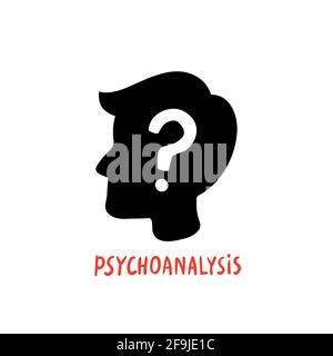Psychologie. Psychoanalyse. Männlicher Charakter Silhouette Profil mit einem Fragezeichen innen. Psychologie Hilfe Konzept, Therapie, Lösung der psychologischen p Stock Vektor