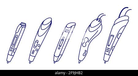 Umreißt verschiedene 3d-Stifte. Symbole von dreidimensionalen Kritzeleien für Kinder, Konturzug-Stil. Vektor isolierte Objekte auf weißem Hintergrund Stock Vektor