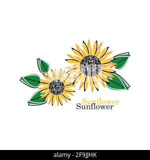 Sonnenblume mit grünen Blättern im flachen Stil Stock Vektor