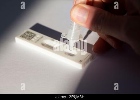 Eine Hand, die eine Probe und Testlösung auf den Lateral Flow Test tropft LFT LFD (chinesisch hergestellt) Lateral Flow Device des Unternehmens Innova: Testing for COVID 19 Coronavirus Antigen Testing. (123) Stockfoto
