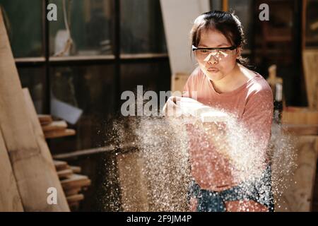 Junge Zimmermannin in Schutzbrillen, die Sägespäne abblasen Holzdiele Stockfoto