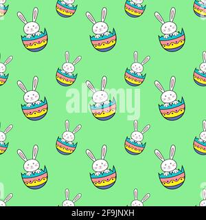 Happy Easter nahtloses Muster mit Kaninchen in Eierschale auf grünem Hintergrund Illustration. Niedliche Zeichentrickfigur Stockfoto
