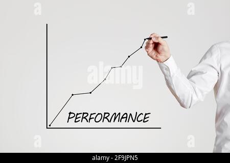 Businessman Hand zeichnet eine aufsteigende Liniengrafik mit dem Wort Performance. Steigerung des Geschäfts- oder Arbeitsleistungskonzepts. Stockfoto