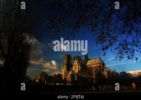 Blauer Himmel und belagerte Türen und Mauern vom Gotteshaus und Kirche Notre Dame in Paris Stockfoto