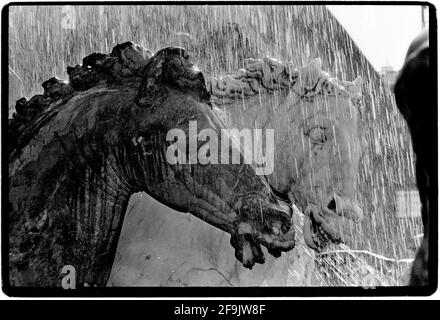 Florenz Toskana Italien 1982 der Neptunbrunnen in Florenz, Italien, (italienisch: Fontana del Nettuno) befindet sich auf der Piazza della Signoria, vor dem Palazzo Vecchio. Der Brunnen wurde 1559 von Cosimo I de' Medici in Auftrag gegeben, um die Hochzeit von Francesco de' Medici I mit der Großherzogin Joanna von Österreich zu feiern Stockfoto