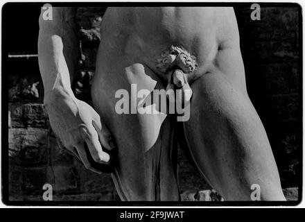 Florenz Toskana Italien 1982 Nachbildung von David von Michelangelo. Im Jahr 1873 wurde die ursprüngliche Statue von David von der piazza entfernt, um sie vor Schäden zu schützen, und in der Accademia Gallery in Florenz ausgestellt, wo sie viele Besucher anzog. Eine Replik wurde 1910 auf der Piazza della Signoria außerhalb des Palazzo Vecchio aufgestellt Stockfoto