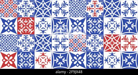 Azulejos Fliesen im portugiesischen Stil. Blaue und rote Fliesen aus Portugal. Stock Vektor