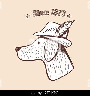 Jagd Retro Skizze Design. Beagle Jagdhund Kopf Silhouette mit Hut und Feder. Vervollständigt Jagd Vintage-Design. Vektorgrafik. Stock Vektor