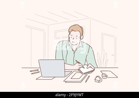 Junge, enthusiastische, beschäftigte, kreative Person, die mit ihrer Arbeit, ihrem Erfolg im Unternehmen oder ihrer beruflichen Weiterentwicklung zufrieden ist. Vielversprechender Geschäftsmann im Büro Stock Vektor