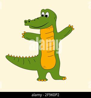 Niedliche grüne und gelbe Krokodil Cartoon schwarzen Umriss. Handgezeichnetes Alligator Maskottchen für Kinder Design Vektor Illustration Stock Vektor