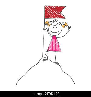 Cartoon-Figur eines Mädchens mit einer Flagge auf der Spitze eines Berges. Einfaches, bearbeitbares lineares Symbol. Flacher Style Stock Vektor