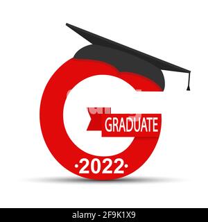 Stilisierter Buchstabe G mit der Aufschrift Graduate 2022 und der Graduiertenmütze. Einfaches Stock-Design isoliert auf weißem Hintergrund für Design und Dekoration Stock Vektor