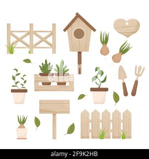 Set Holzzaun, Vogelhaus, leere Plakatwand, Schild und Holzkasten mit Blumentöpfen isoliert auf weißem Hintergrund. Strukturierte, detaillierte Objekte, seasonsl d Stock Vektor
