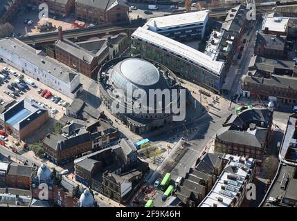 Luftaufnahme der in der Klasse 1 gelisteten Leeds Corn Exchange (die jetzt ein Einkaufszentrum ist), in den Calls, Leeds LS1 Stockfoto