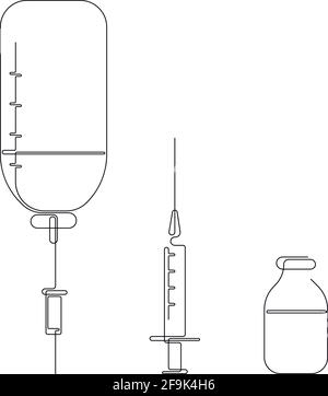 Kontinuierliche, einzeilige Zeichnung von Tropfenzähler, Spritze und Flasche. Handgezeichnete Vektorgrafik für medizinische Geräte oder Werkzeuge Stock Vektor