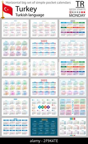 Türkische Horizontale großer Satz Taschenkalender für 2022 (zweitausend zweiundzwanzig). Die Woche beginnt am Montag. Neues Jahr. Farbe einfaches Design. Vektor Stock Vektor