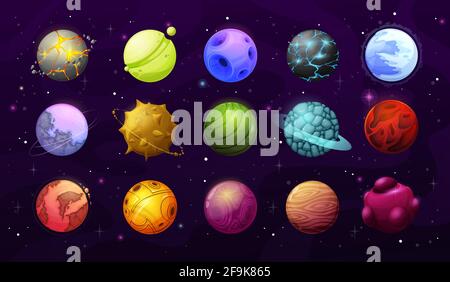 Alien Planeten und Sterne, Vektor-Fantasy-Raum Galaxie. Cartoon-Elemente der Benutzeroberfläche oder gui, außerirdische Galaxie Universum Planeten mit Oberflächen aus Eis, c Stock Vektor