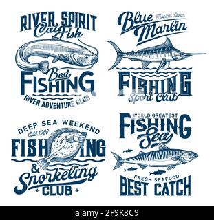 Angeln und Schnorcheln Club Marine T-Shirt Prints mit Fischen und Meereswellen, Vektor. Meeresfische fangen Sport und Fluss Abenteuer Club Zitate des Ozeans Stock Vektor