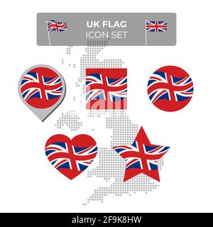 Vereinigtes Königreich, Großbritannien gewellte Flaggen-Symbole in Form von Quadrat, Herz, Kreis, Sternen, Zeiger, Kartenmarkierung. Karte von Großbritannien. Union Jack Stock Vektor