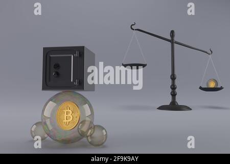 Bitcoin-Symbol in einer Blase unter dem Safe. Die Instabilität der Kryptowährung wird als Seifenblase dargestellt. 3D-Rendering Stockfoto