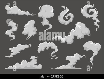 Cartoon-Wolken, dampfender Rauch und Dampf fließen. Vector Comic-Buch Explosion Wolken, Rauchschwaden und Geschwindigkeit Staub Spuren, Smog oder Dampf Luftströmungen und Nebel Stock Vektor