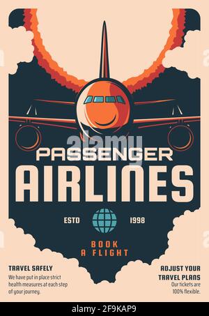 Passagier Fluggesellschaften Flüge Buchungsservice Retro Poster. Modernes Verkehrsflugzeug, Jet-Flugzeug fliegen in Himmel Wolken Vorderansicht gravierten Vektor. International Stock Vektor