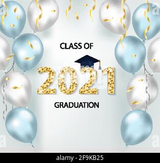 Class of 2021 Graduation Gratulation Vorlage für Ihr Design mit Graduation Hut und glänzenden Zahlen. Vektorgrafik Stock Vektor