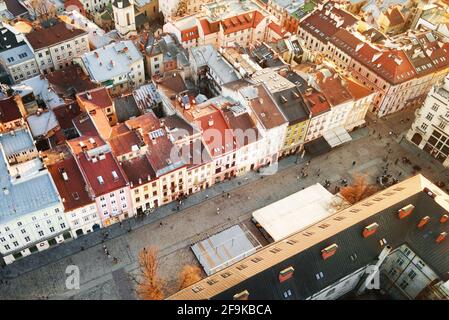 Luftaufnahme auf dem Marktplatz in einem Zentrum von Lviv Stadt, Ukraine Stockfoto
