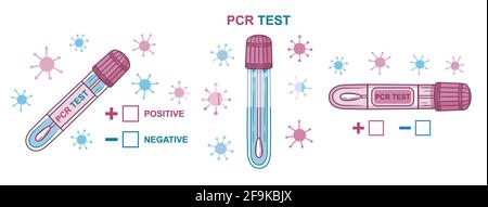 PCR Coronavirus Schnelltest. Röhrchen mit Laborprobe. Nasenabstrichsonde. Testen der Covid-19-Virusinfektion. Positive oder negative Ergebnisanalyse. Vektor Stock Vektor