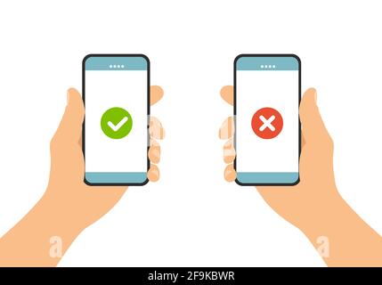 Set Flat Design Illustration von männlicher Hand halten Touchscreen Handy. Auf dem Display zustimmen und ablehnen - Vektor Stock Vektor