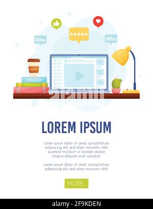 Konzept der Online-Kurse. Home-Arbeitsbereich. Fernschulung. Vektorgrafik. Stock Vektor