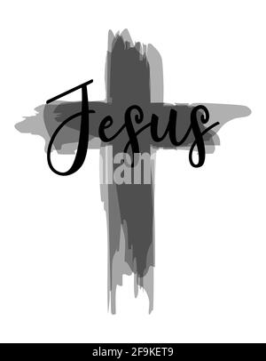 Jesus - Hand Written Vector Kalligraphie Schriftzug Text in Kreuzform. Christentum Zitat für Design. Typografie-Poster. Tätowierung. Stock Vektor