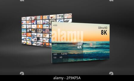 Anzeige mit 8K-Auflösung und Vergleich der Auflösungen. Konzeptionelle Grafik des TV-Bildschirms Stockfoto