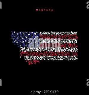 Karte der US-amerikanischen Staatsflagge von Montana, chaotisches Partikelmuster in den Farben der amerikanischen Flagge. Vektordarstellung auf schwarzem Hintergrund isoliert. Stock Vektor
