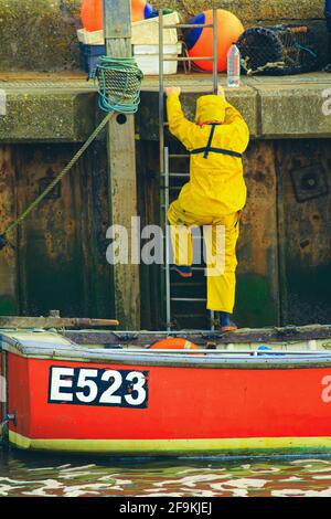 Fischer mit gelber wasserdichter Jacke, die das Boot von der Leiter im Dorf Axmouth, Devon aus betreten hat Stockfoto