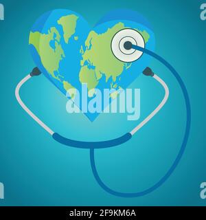 Herzförmiger Globus mit Stethoskop, konzeptueller Vektor Stock Vektor