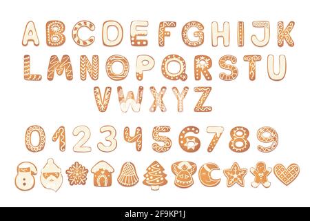 Weihnachten Lebkuchen-Kekse Alphabet mit Zahlen. Keksbuchstaben, Zeichen für Weihnachtsbotschaften und Design. Vektorgrafik mit Dekorationen. Stock Vektor