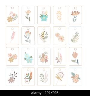 Pastellfarbene rechteckige Boho einfache Blumen Highlight Etiketten Set, flache Stil floralen Vektor Illustration für Handwerk, handgemachte Geschenke, Social-Media-Design Stock Vektor