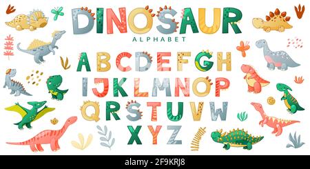 Cartoon niedlichen Dinosaurier Alphabet. Vektor-Illustration mit Dino für T-Shirts, Karten, Poster, Geburtstagsfeier, Papierdesign, Kinder- und Kinderzimmer-Design. Stock Vektor